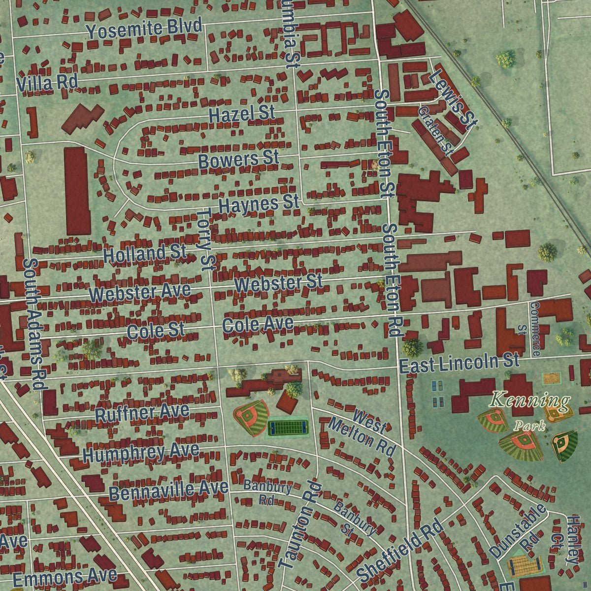 Second close-up of the map of Birmingham, Michigan print showing more streets and buildings