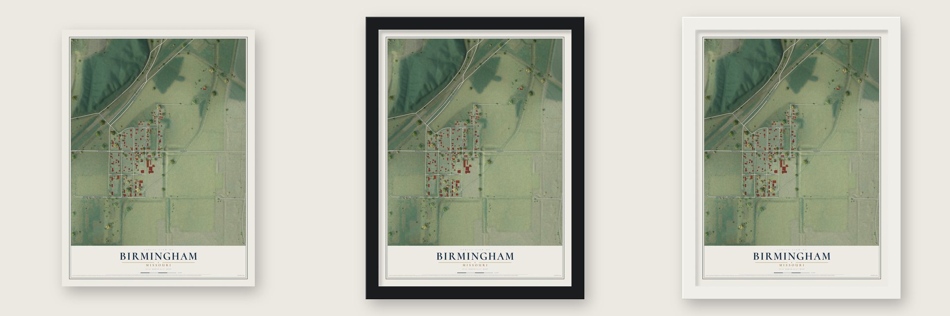 Birmingham, Missouri map unframed, in a black wood frame and in a white wood frame