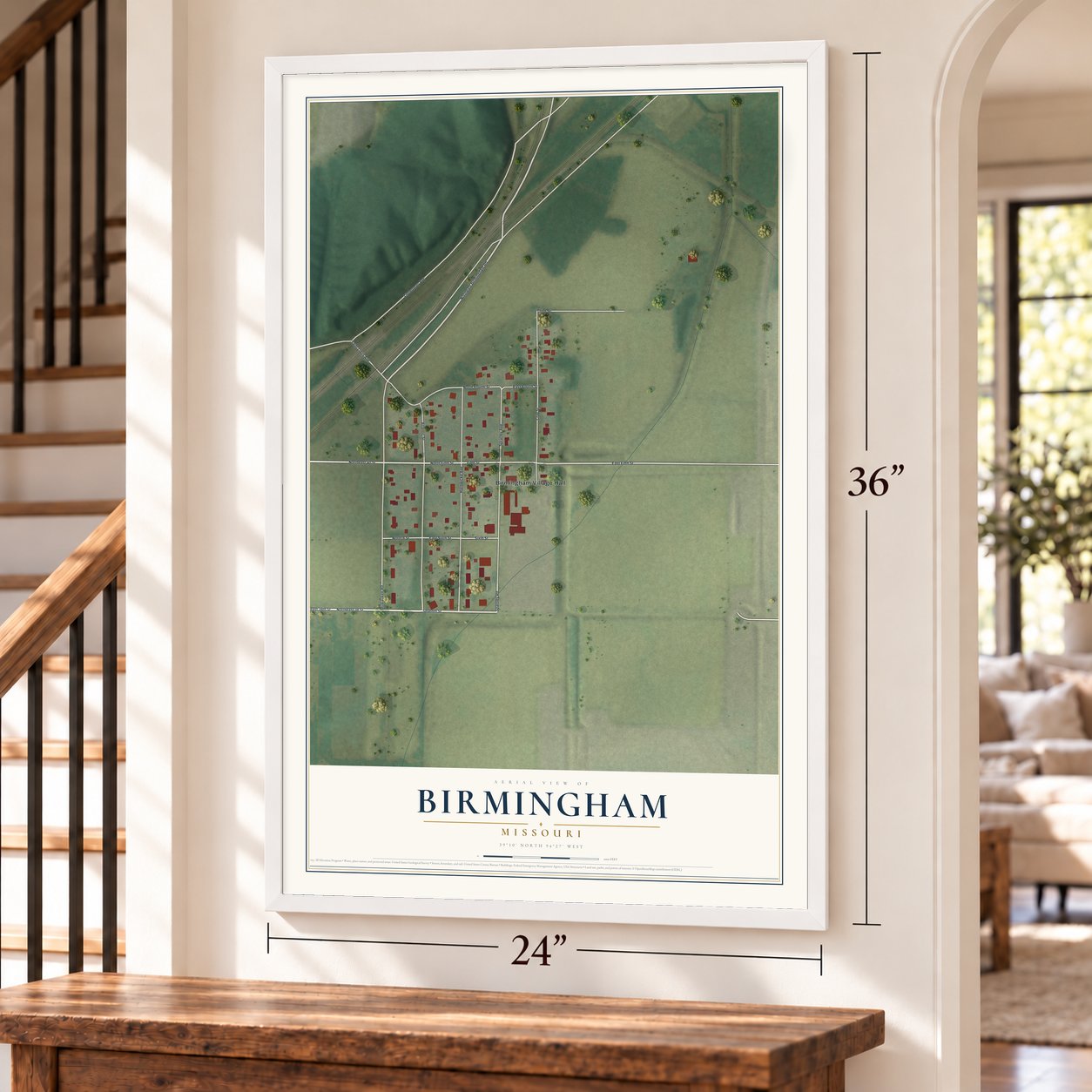 Birmingham, Missouri map, 24 x 36 inch print in a white frame by a staircase