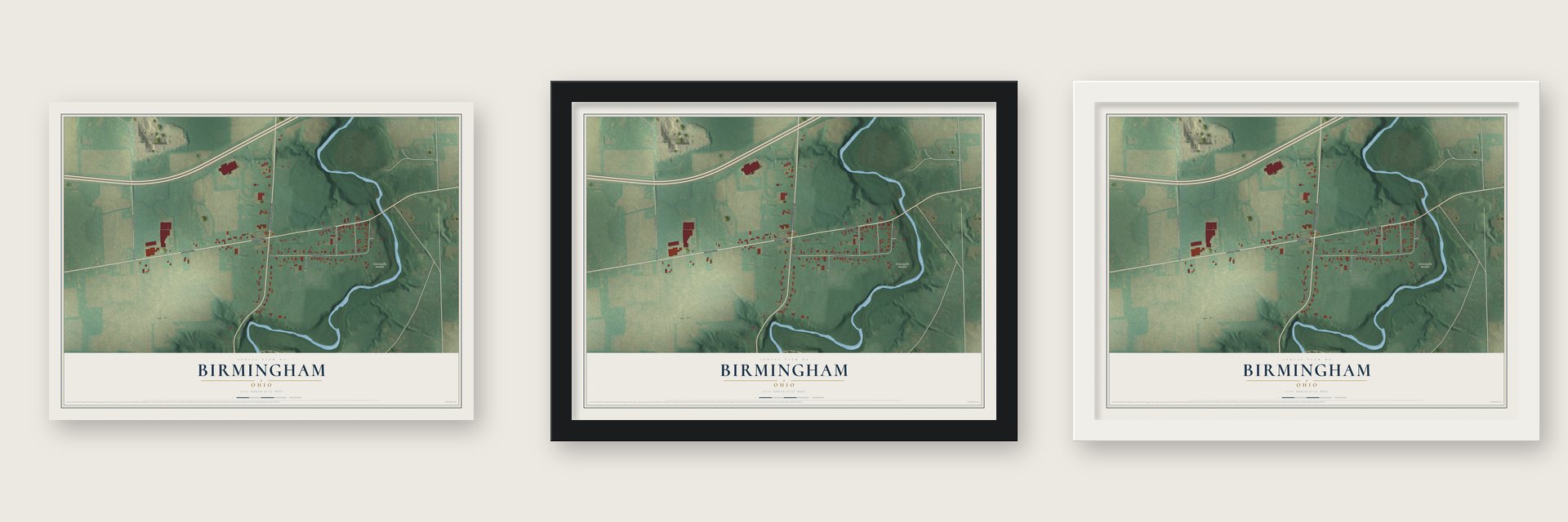 Birmingham, Ohio map unframed, in a black wood frame and in a white wood frame