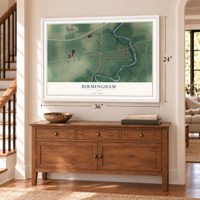 Birmingham, Ohio map, 24 x 36 inch print in a white frame above a dresser by a staircase