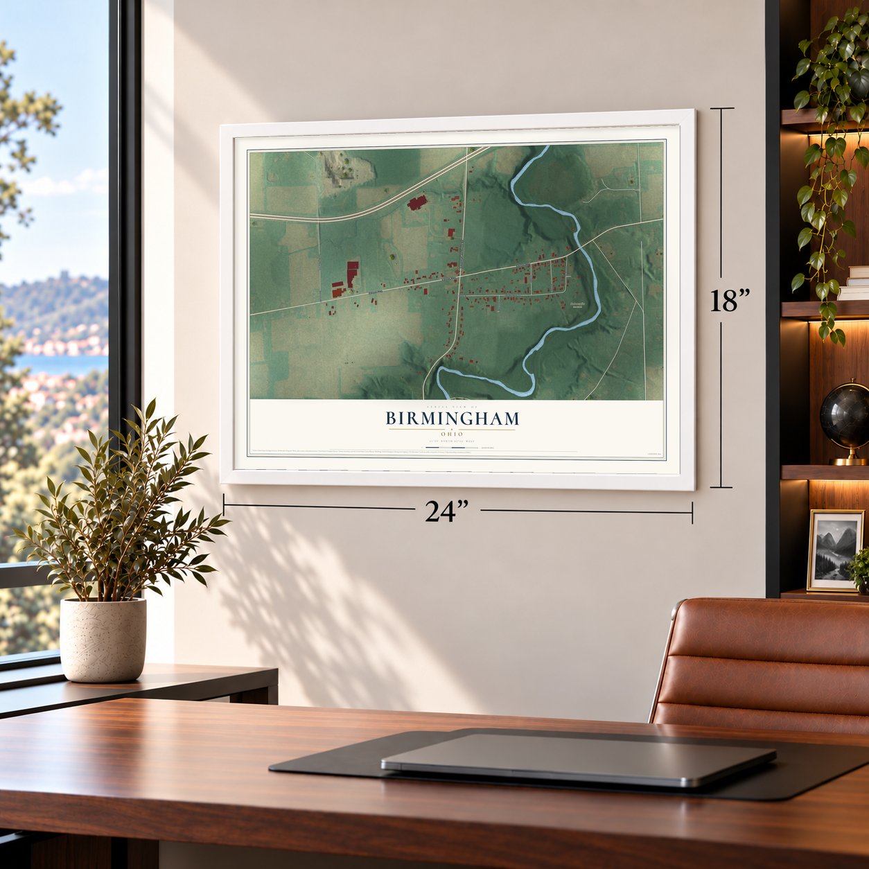 Birmingham, Ohio map, 18 x 24 inch print in a white frame in a home office