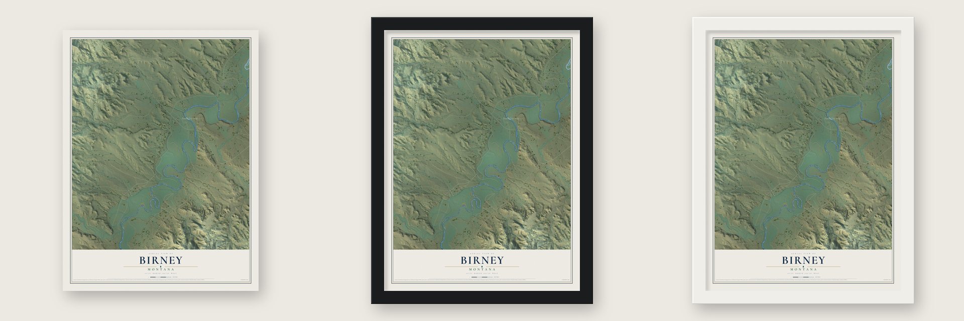 Birney, Montana map unframed, in a black wood frame and in a white wood frame