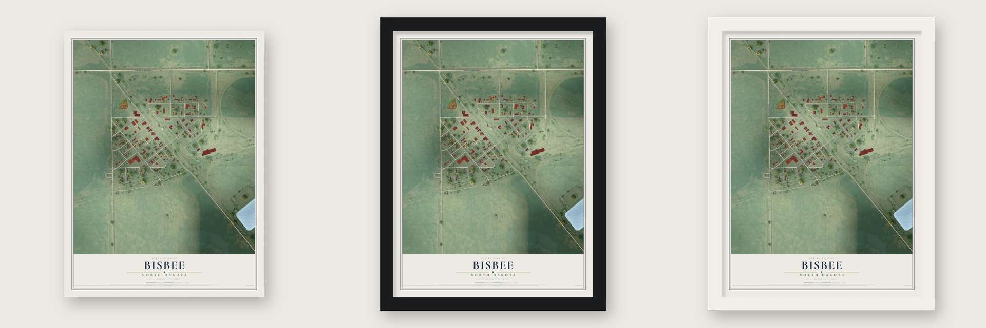 Bisbee, North Dakota map unframed, in a black wood frame and in a white wood frame