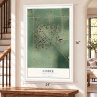 Bisbee, North Dakota map, 24 x 36 inch print in a white frame by a staircase