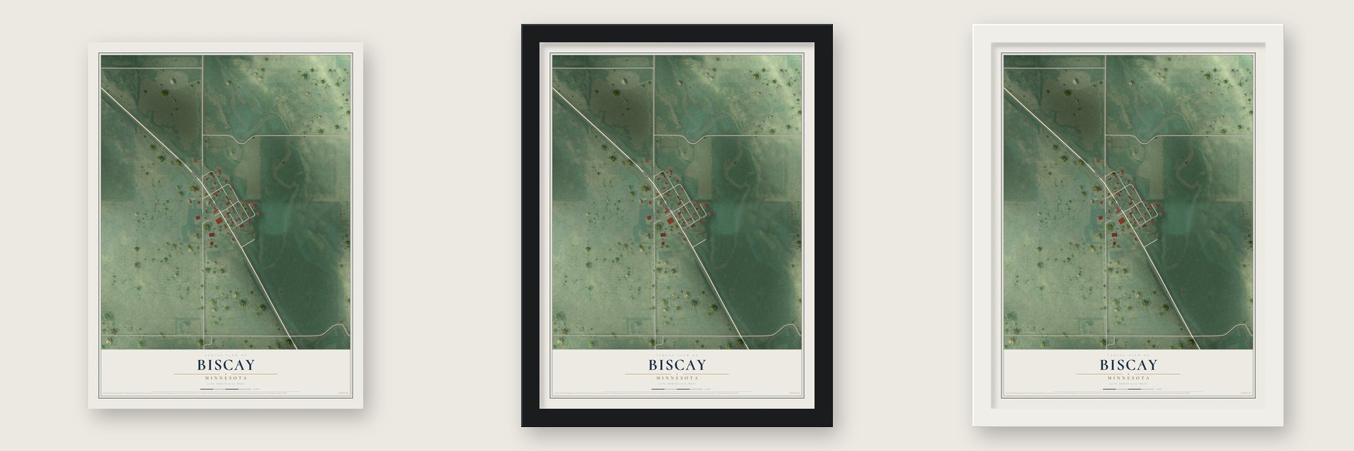 Biscay, Minnesota map unframed, in a black wood frame and in a white wood frame