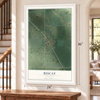 Biscay, Minnesota map, 24 x 36 inch print in a white frame by a staircase