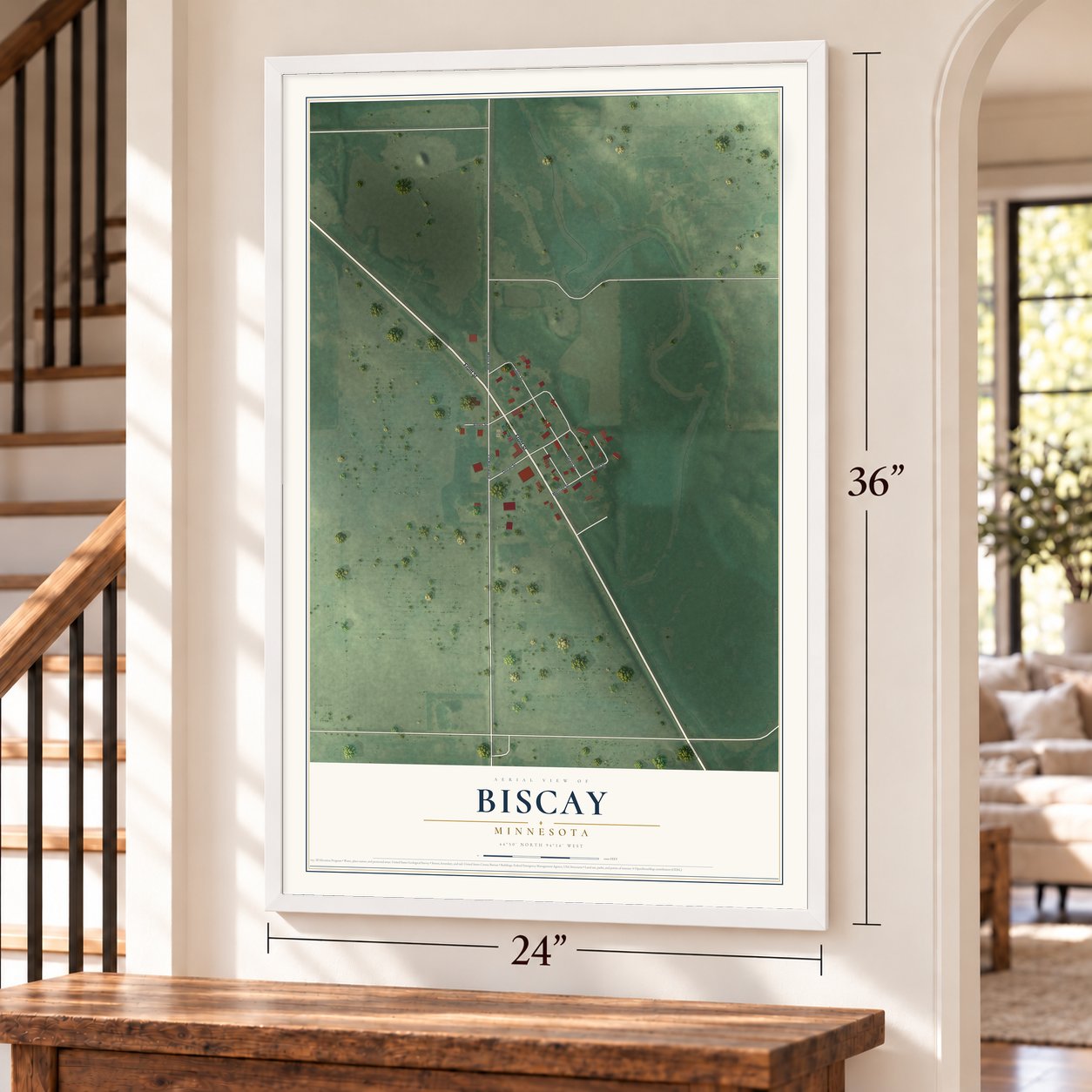 Biscay, Minnesota map, 24 x 36 inch print in a white frame by a staircase