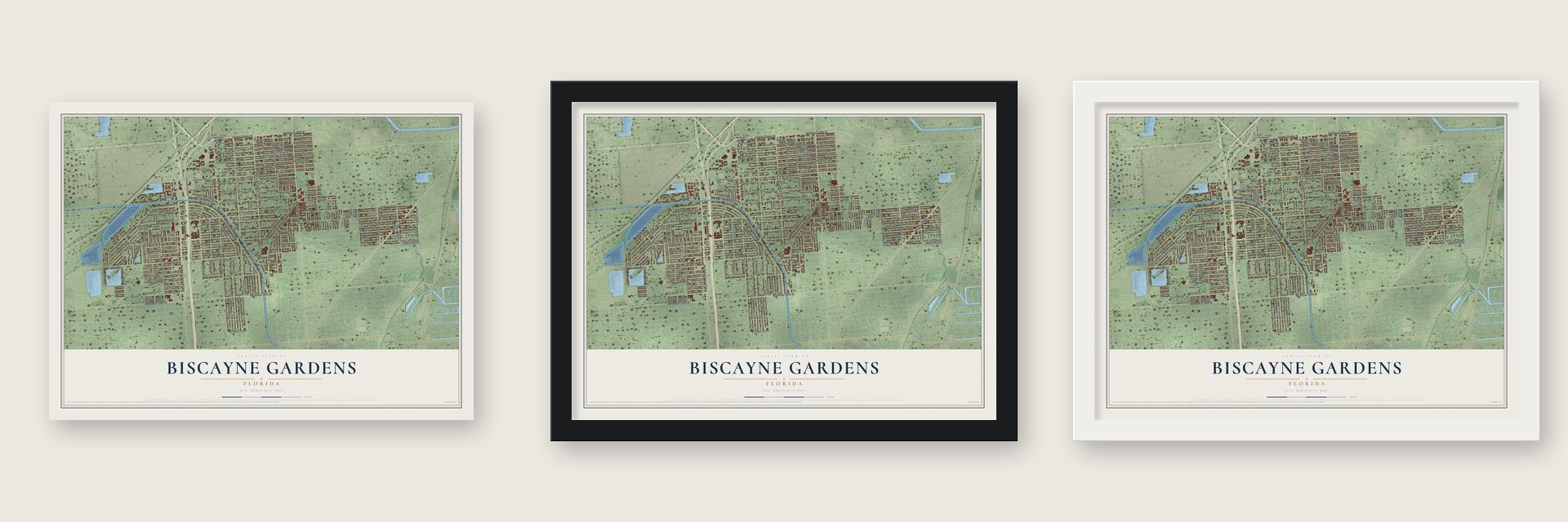 Biscayne Gardens, Florida map unframed, in a black wood frame and in a white wood frame