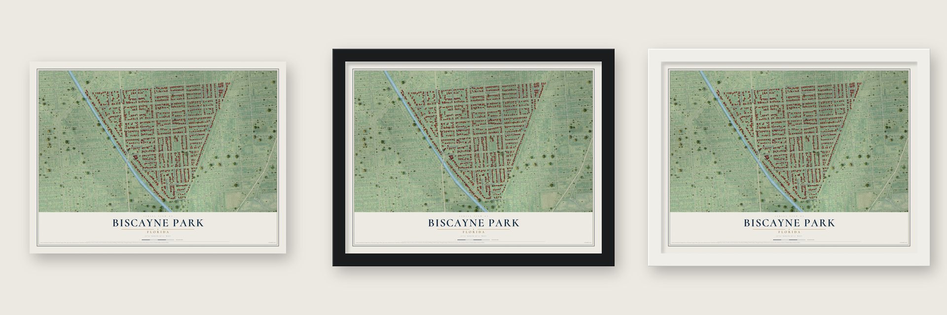 Biscayne Park, Florida map unframed, in a black wood frame and in a white wood frame