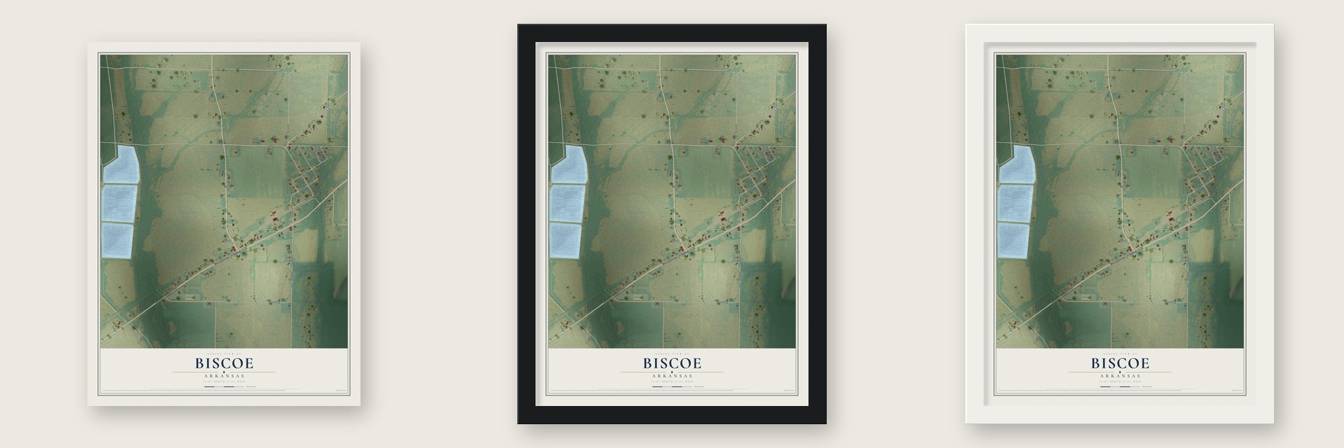 Biscoe, Arkansas map unframed, in a black wood frame and in a white wood frame