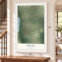 Biscoe, Arkansas map, 24 x 36 inch print in a white frame by a staircase