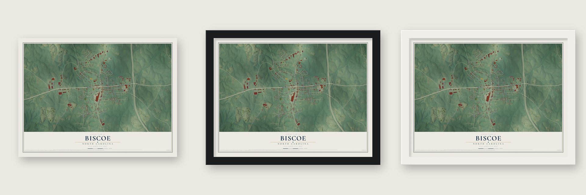 Biscoe, North Carolina map unframed, in a black wood frame and in a white wood frame