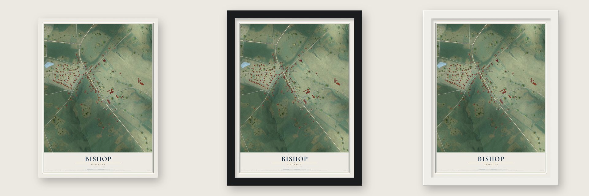 Bishop, Georgia map unframed, in a black wood frame and in a white wood frame
