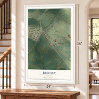 Bishop, Georgia map, 24 x 36 inch print in a white frame by a staircase