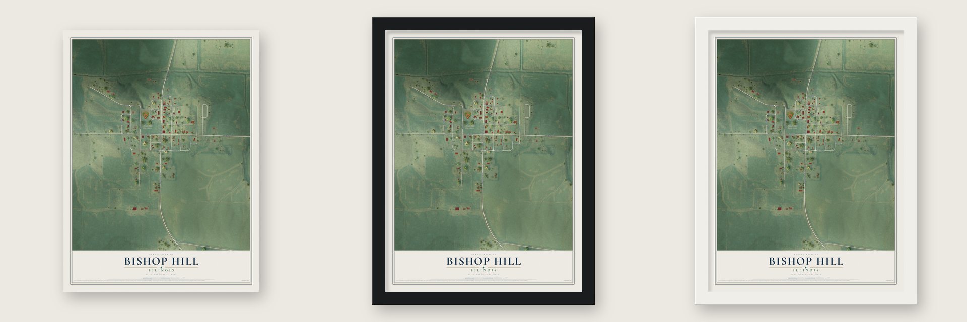 Bishop Hill, Illinois map unframed, in a black wood frame and in a white wood frame
