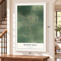 Bishop Hill, Illinois map, 24 x 36 inch print in a white frame by a staircase