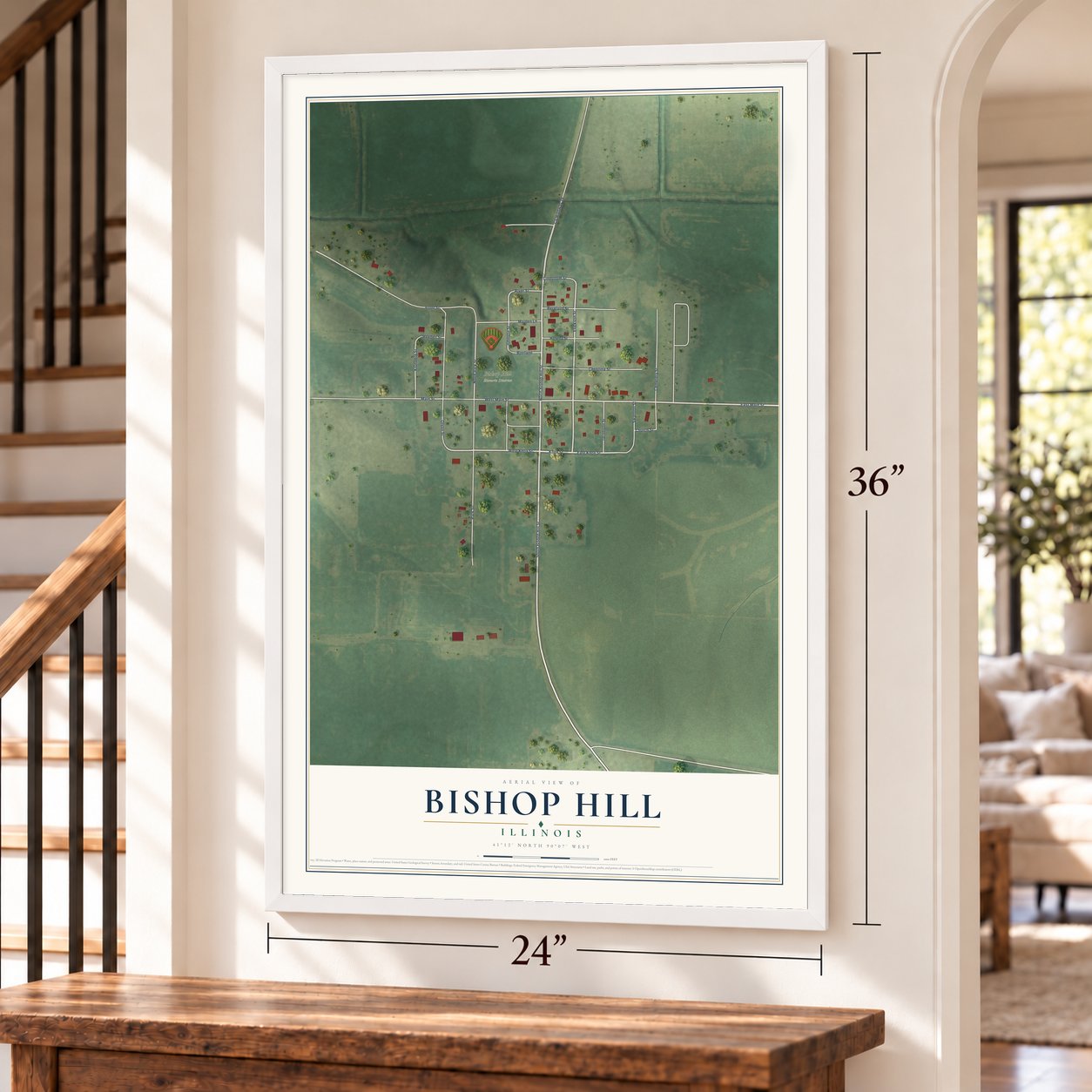 Bishop Hill, Illinois map, 24 x 36 inch print in a white frame by a staircase