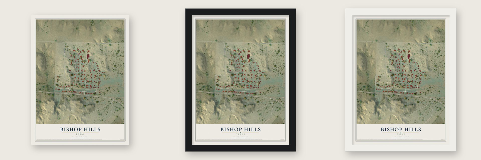 Bishop Hills, Texas map unframed, in a black wood frame and in a white wood frame