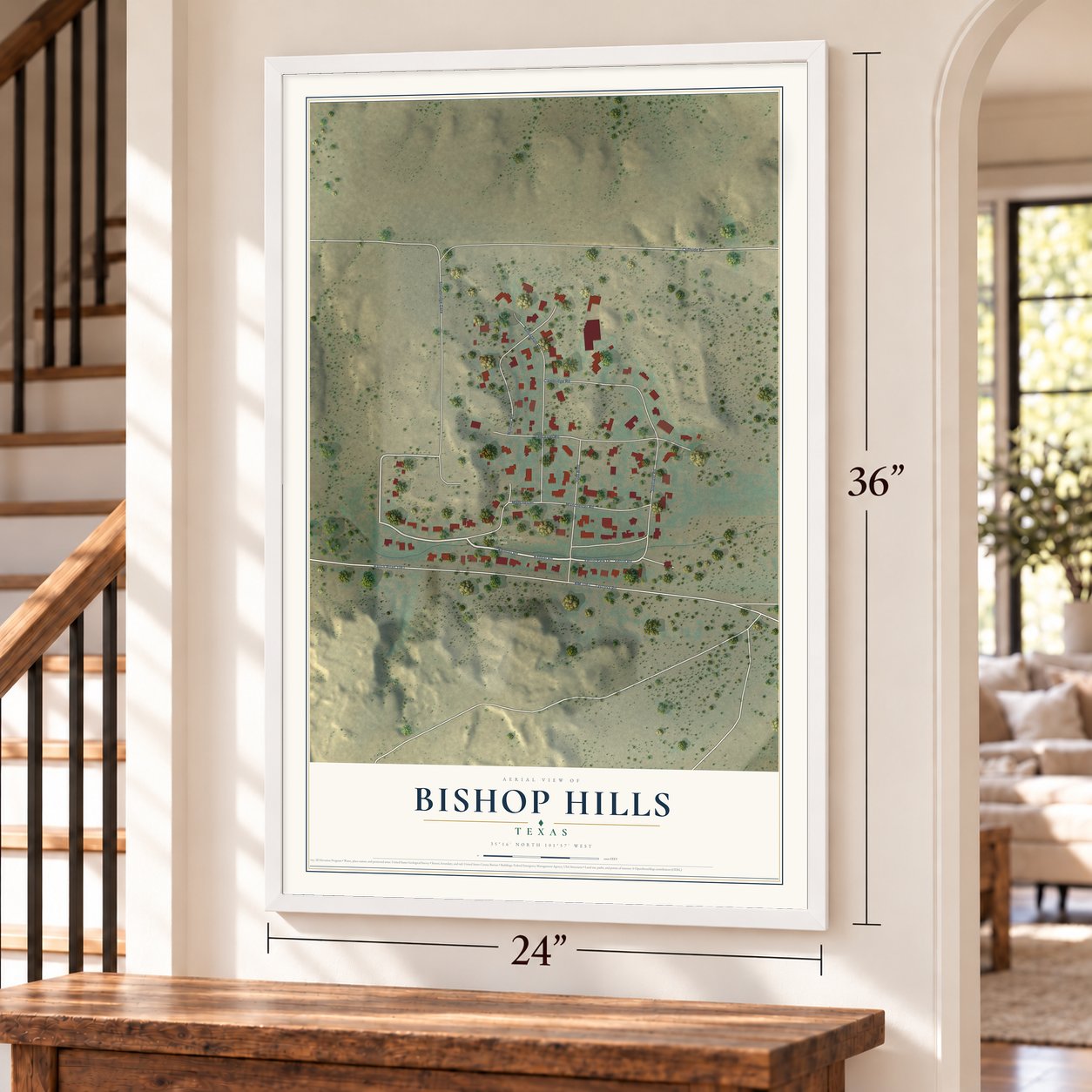 Bishop Hills, Texas map, 24 x 36 inch print in a white frame by a staircase
