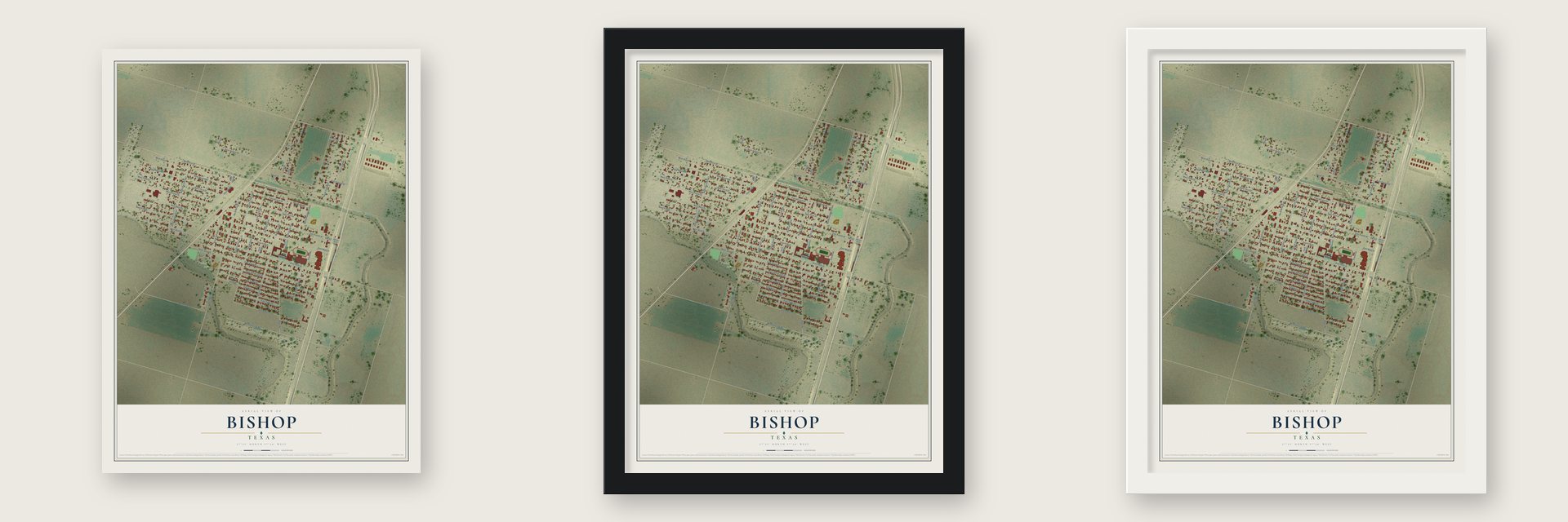 Bishop, Texas map unframed, in a black wood frame and in a white wood frame