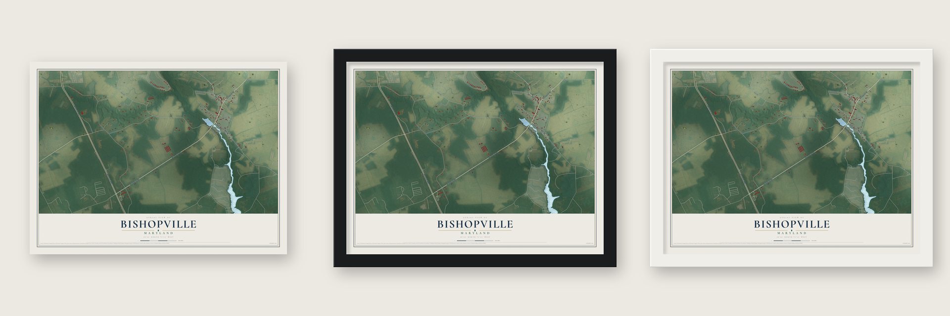 Bishopville, Maryland map unframed, in a black wood frame and in a white wood frame