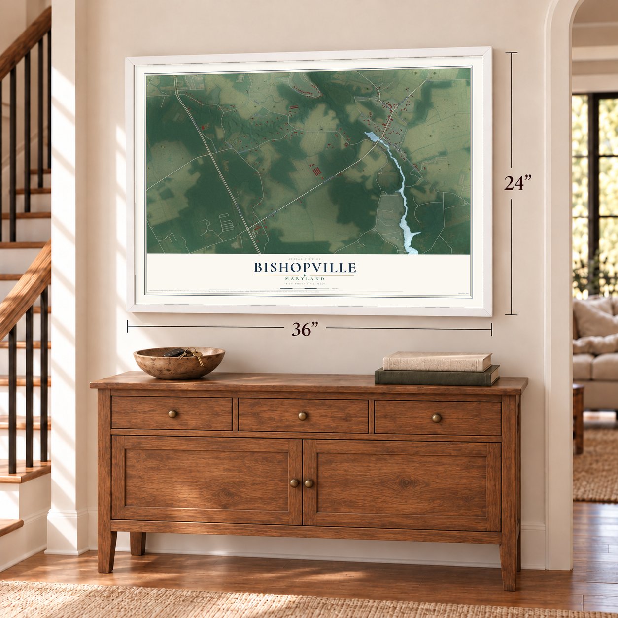 Bishopville, Maryland map, 24 x 36 inch print in a white frame above a dresser by a staircase