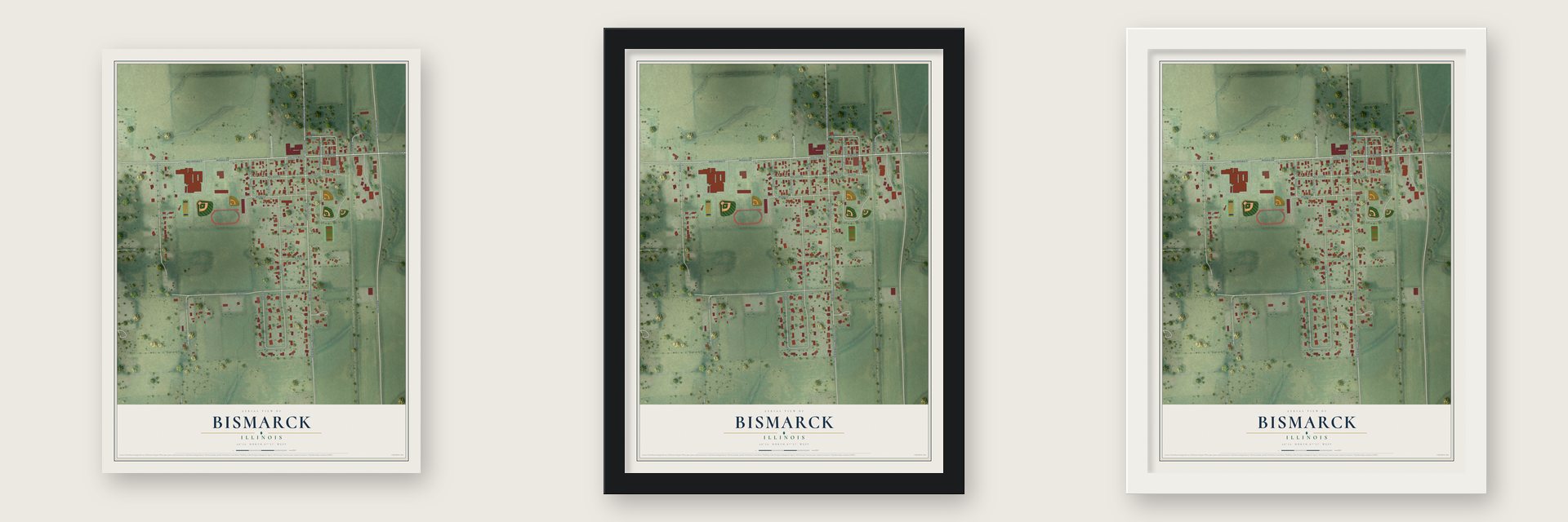 Bismarck, Illinois map unframed, in a black wood frame and in a white wood frame