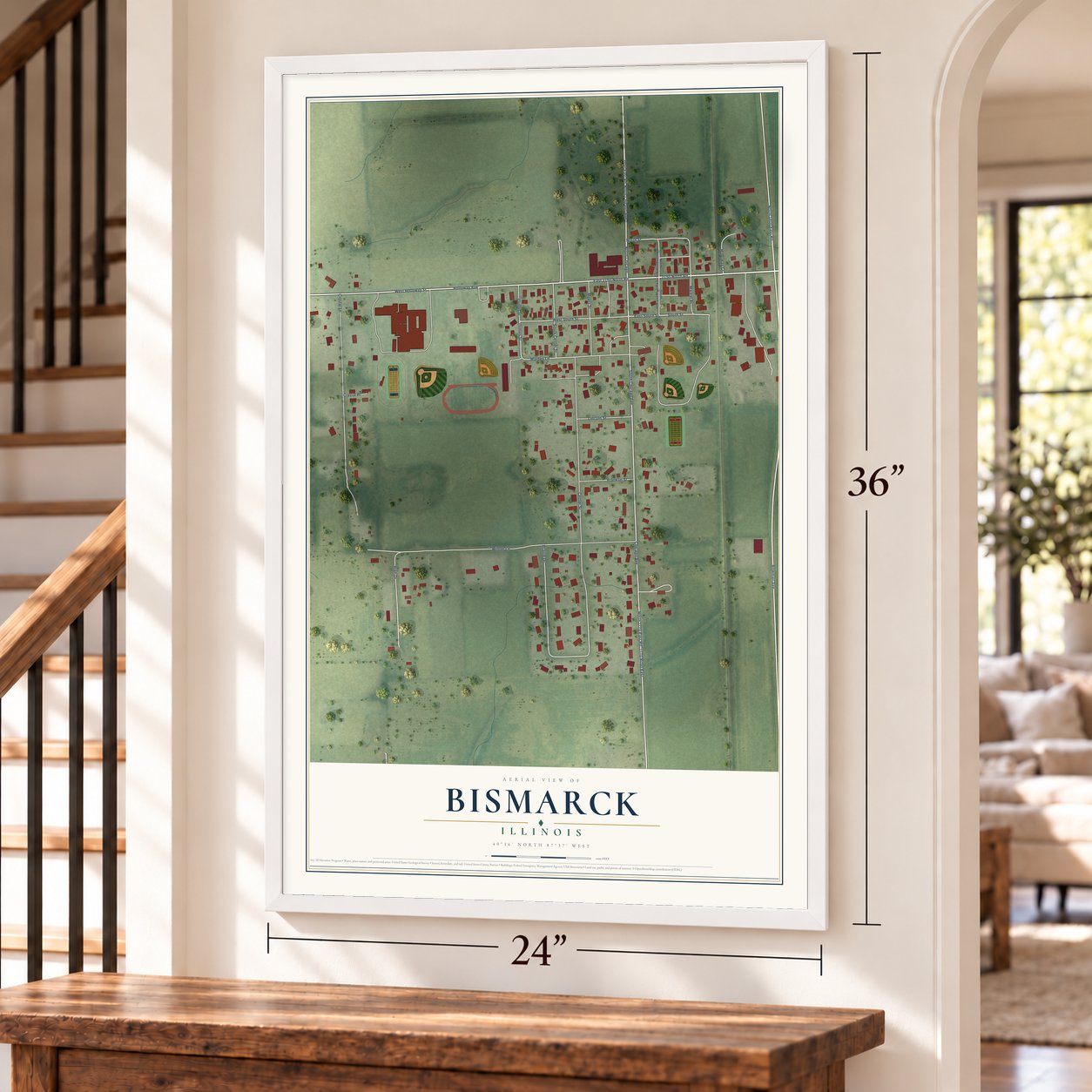 Bismarck, Illinois map, 24 x 36 inch print in a white frame by a staircase