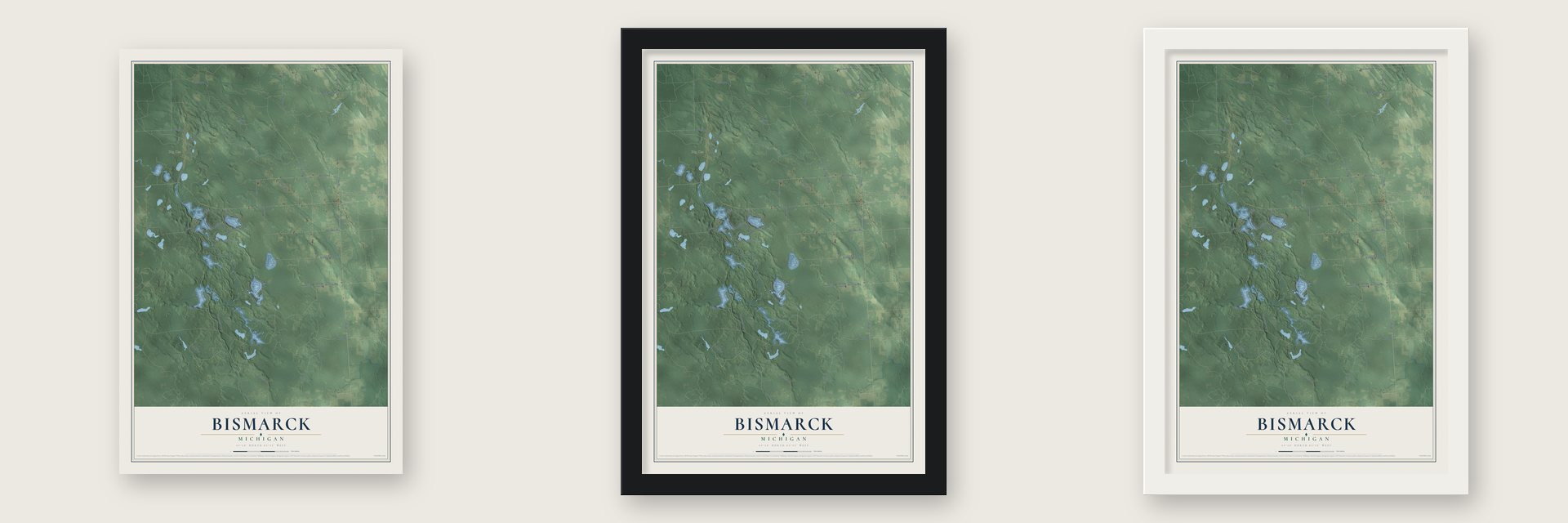 Bismarck, Michigan map unframed, in a black wood frame and in a white wood frame