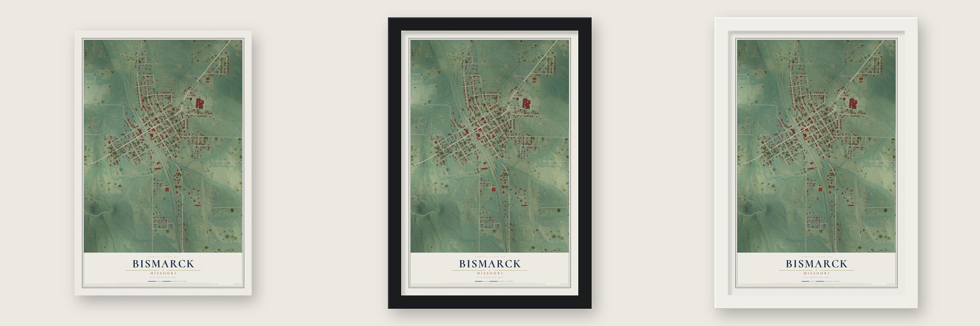 Bismarck, Missouri map unframed, in a black wood frame and in a white wood frame