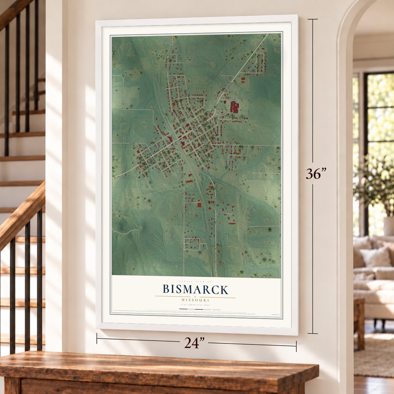 Bismarck, Missouri map, 24 x 36 inch print in a white frame by a staircase