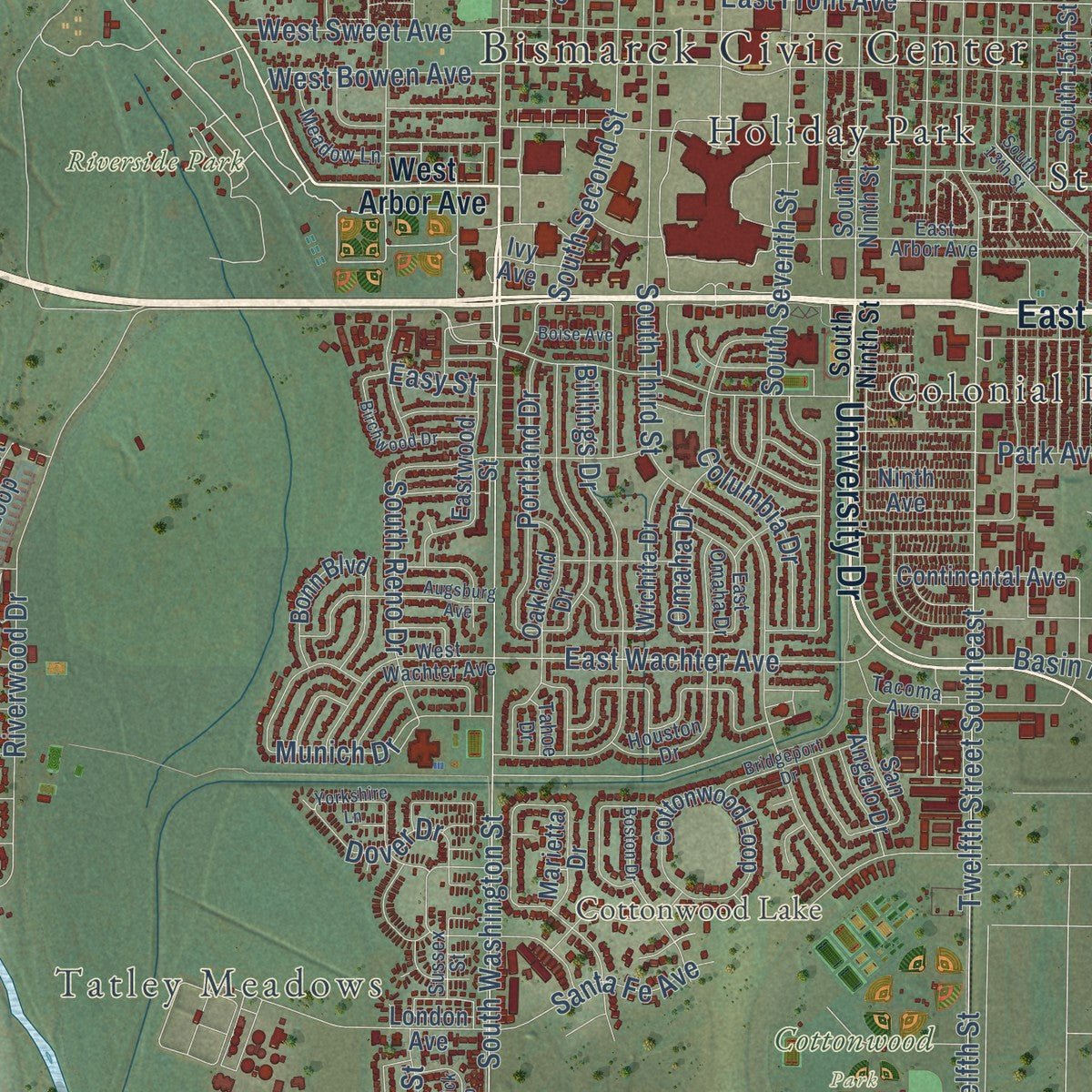 Second close-up of the map of Bismarck, North Dakota print showing more streets and buildings