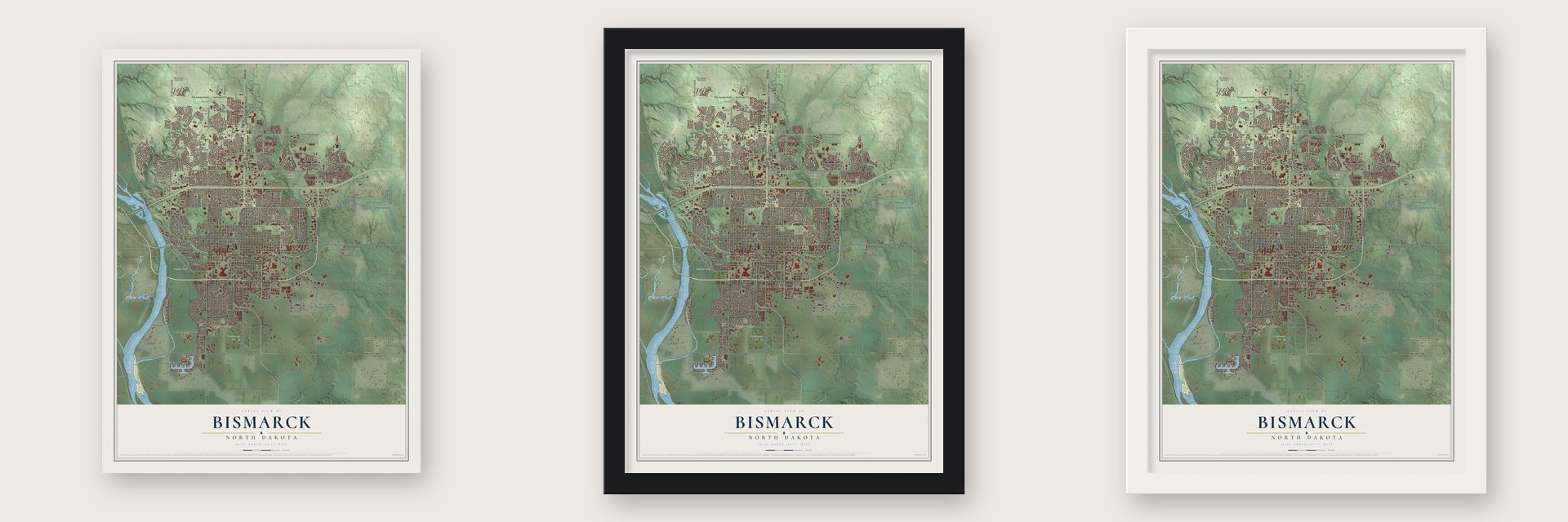 Bismarck, North Dakota map unframed, in a black wood frame and in a white wood frame