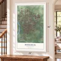 Bismarck, North Dakota map, 24 x 36 inch print in a white frame by a staircase