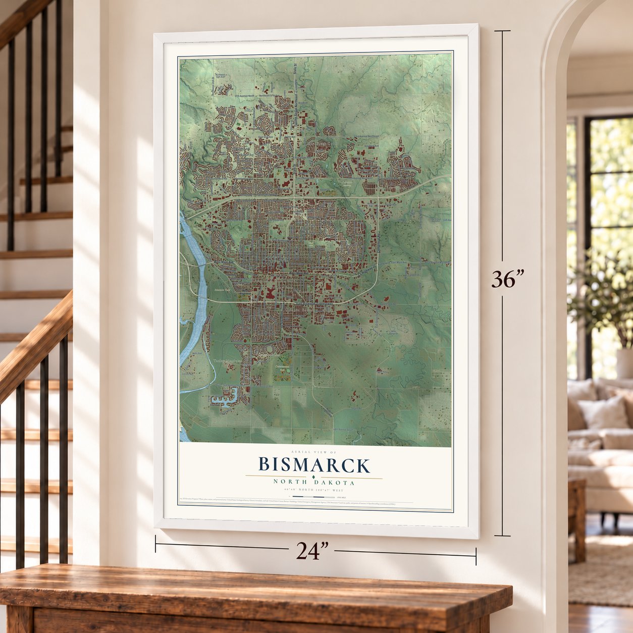 Bismarck, North Dakota map, 24 x 36 inch print in a white frame by a staircase