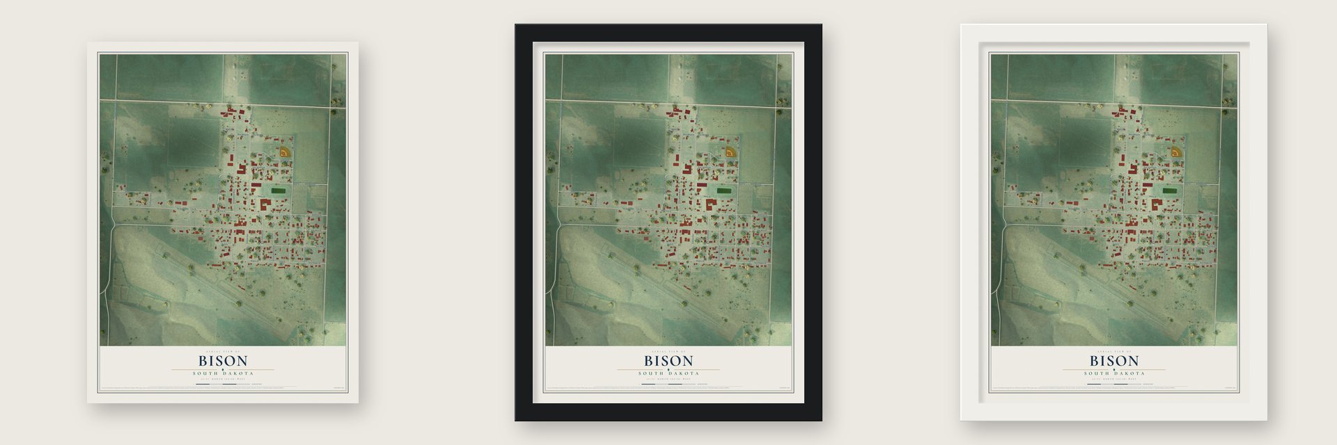 Bison, South Dakota map unframed, in a black wood frame and in a white wood frame