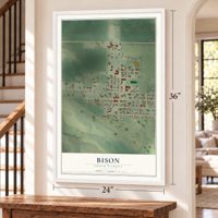 Bison, South Dakota map, 24 x 36 inch print in a white frame by a staircase