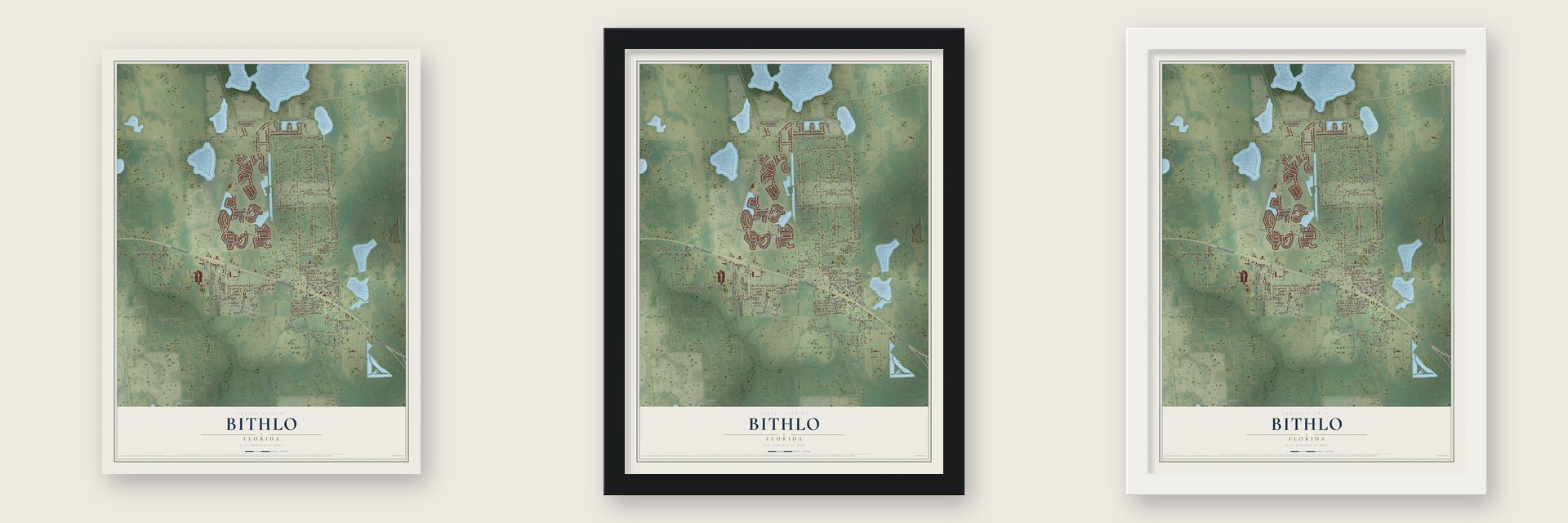Bithlo, Florida map unframed, in a black wood frame and in a white wood frame
