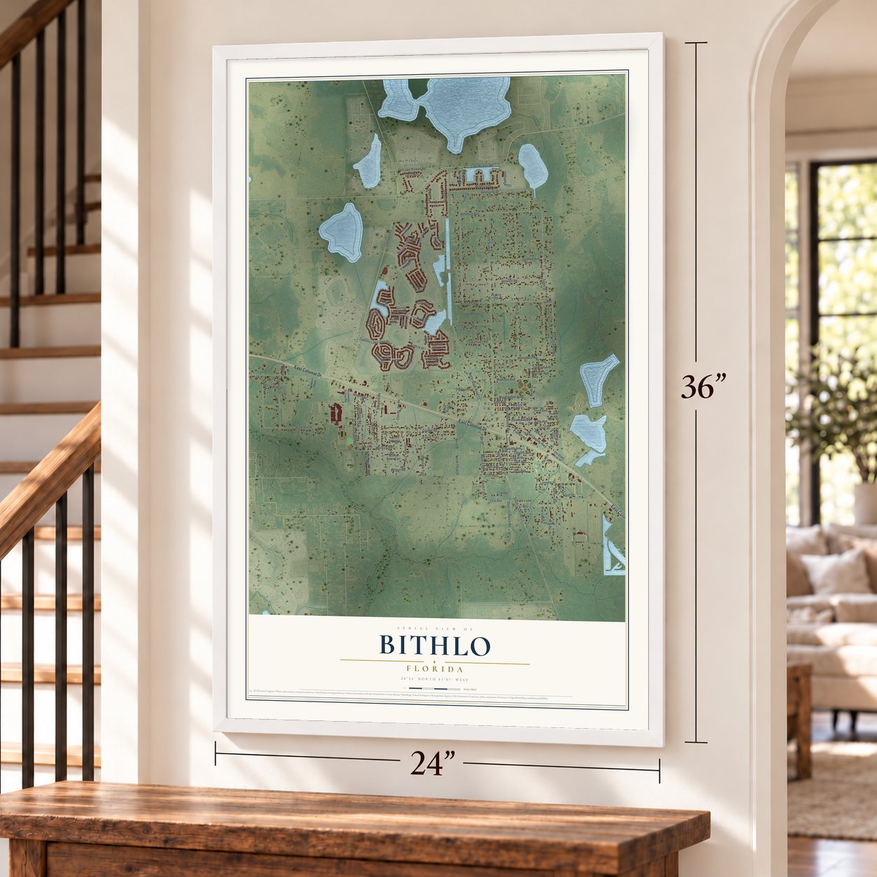 Bithlo, Florida map, 24 x 36 inch print in a white frame by a staircase