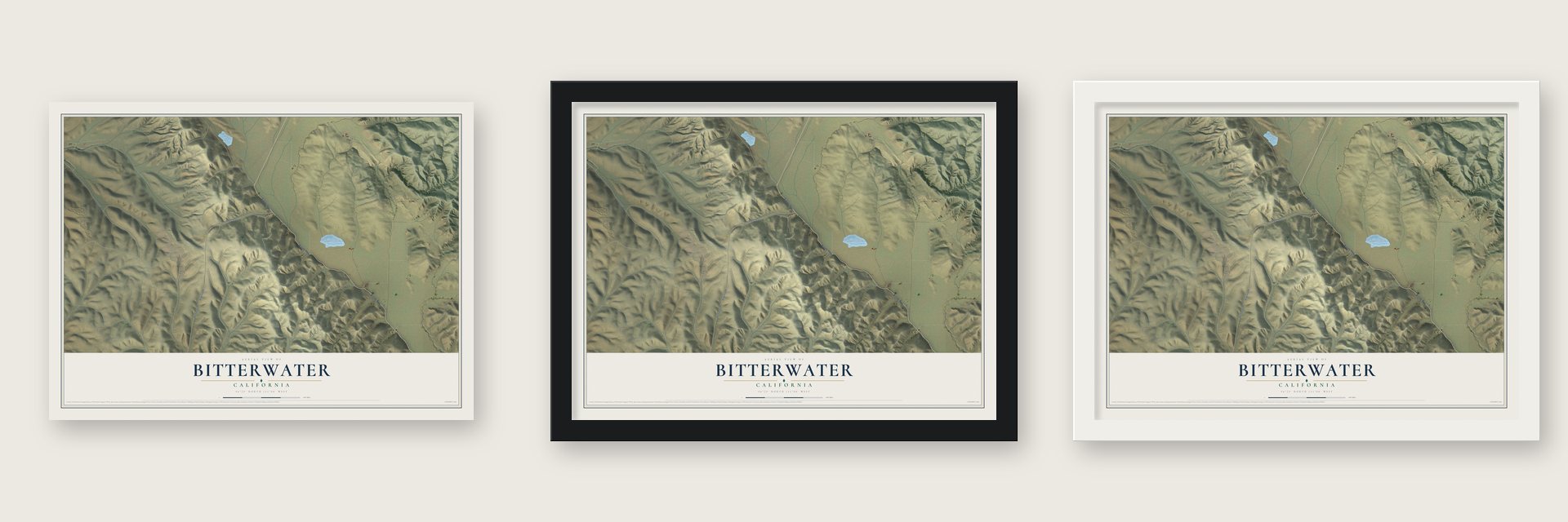 Bitterwater, California map unframed, in a black wood frame and in a white wood frame