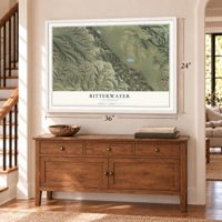 Bitterwater, California map, 24 x 36 inch print in a white frame above a dresser by a staircase