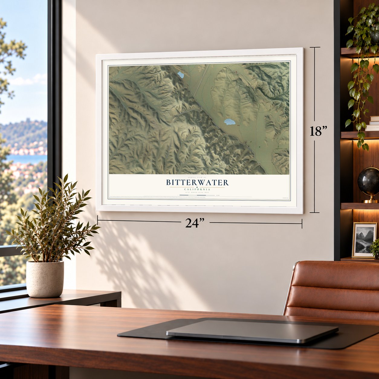 Bitterwater, California map, 18 x 24 inch print in a white frame in a home office