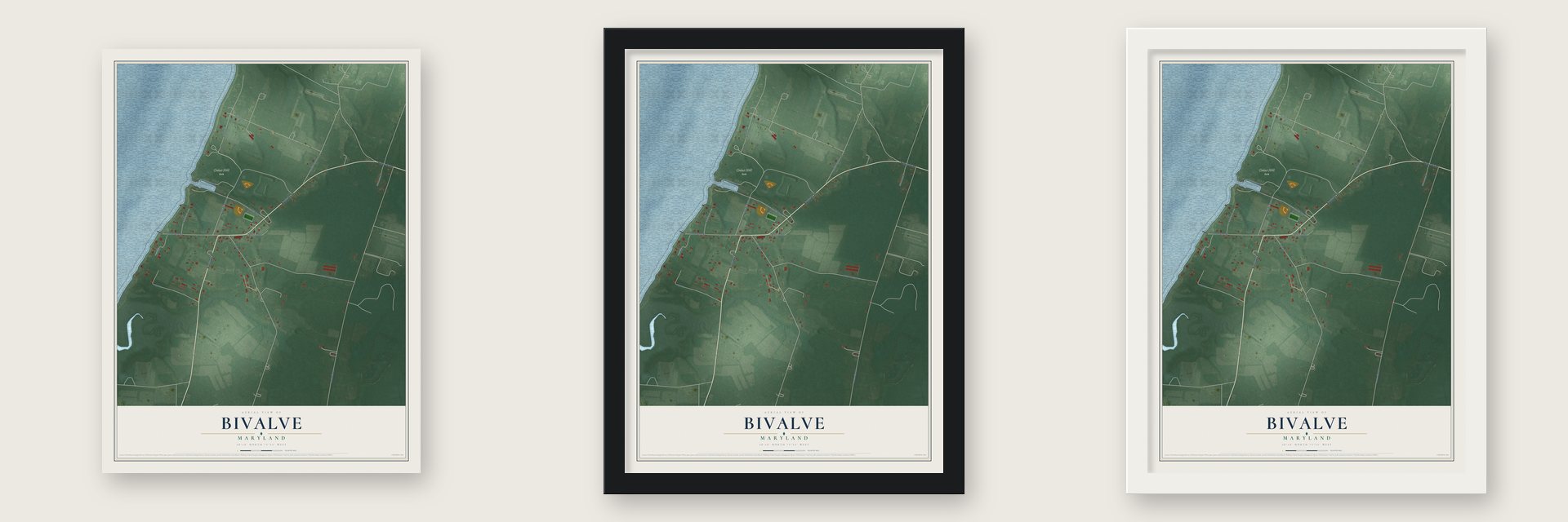 Bivalve, Maryland map unframed, in a black wood frame and in a white wood frame