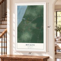 Bivalve, Maryland map, 24 x 36 inch print in a white frame by a staircase