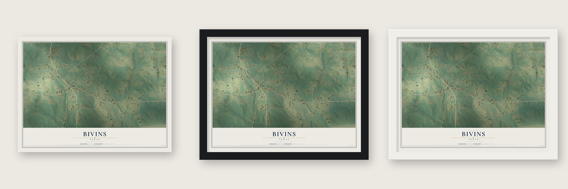 Bivins, Texas map unframed, in a black wood frame and in a white wood frame