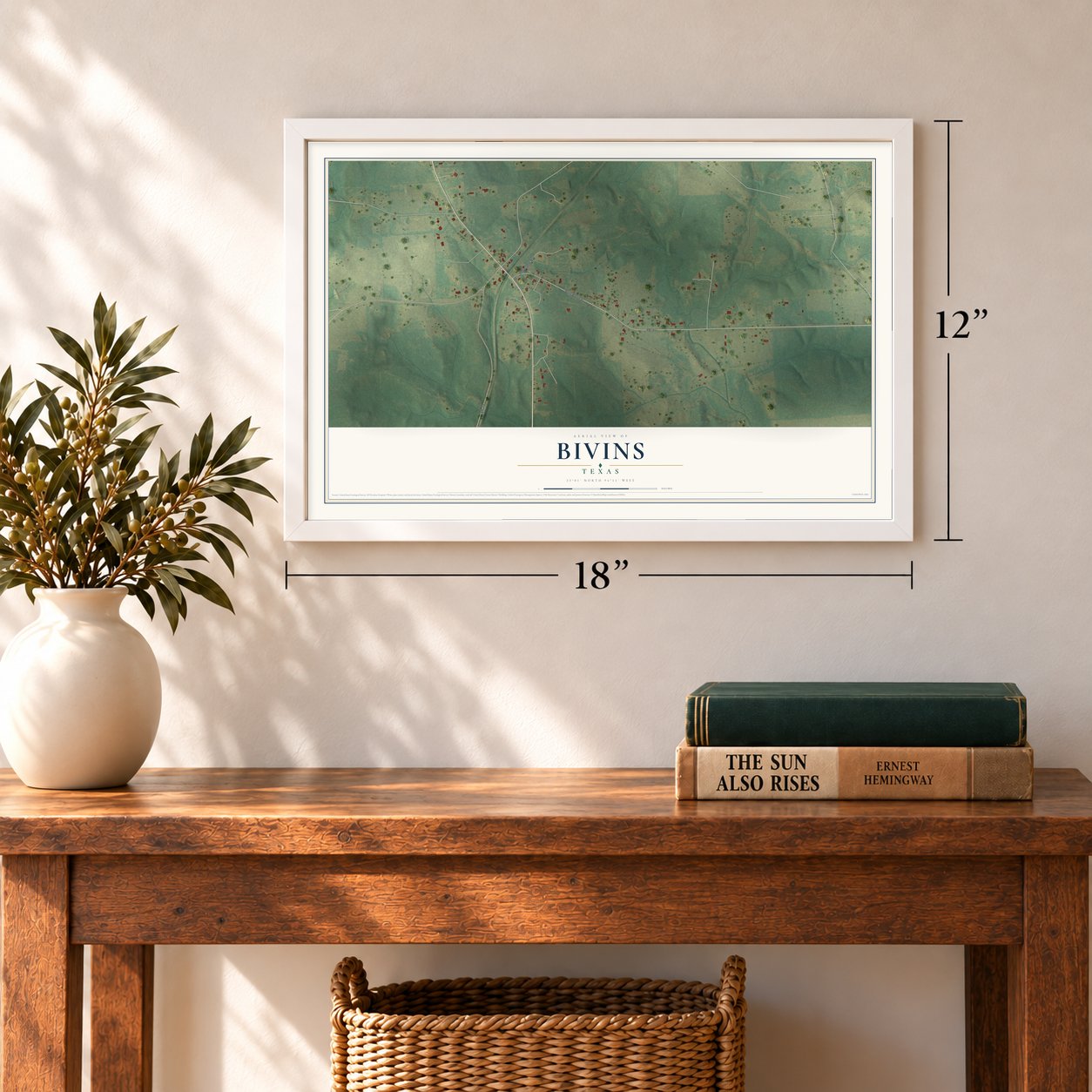 Bivins, Texas map, 12 x 18 inch print in a white frame in an entryway