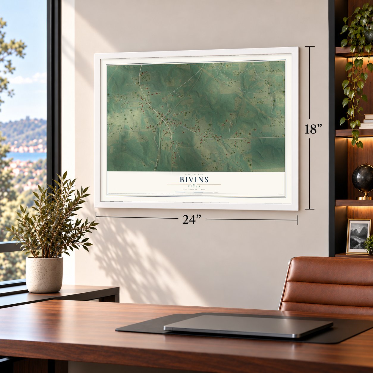 Bivins, Texas map, 18 x 24 inch print in a white frame in a home office