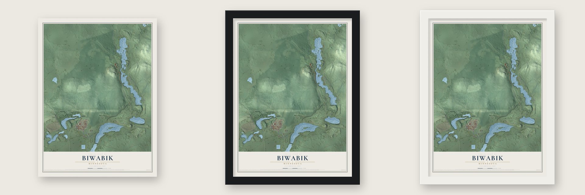 Biwabik, Minnesota map unframed, in a black wood frame and in a white wood frame