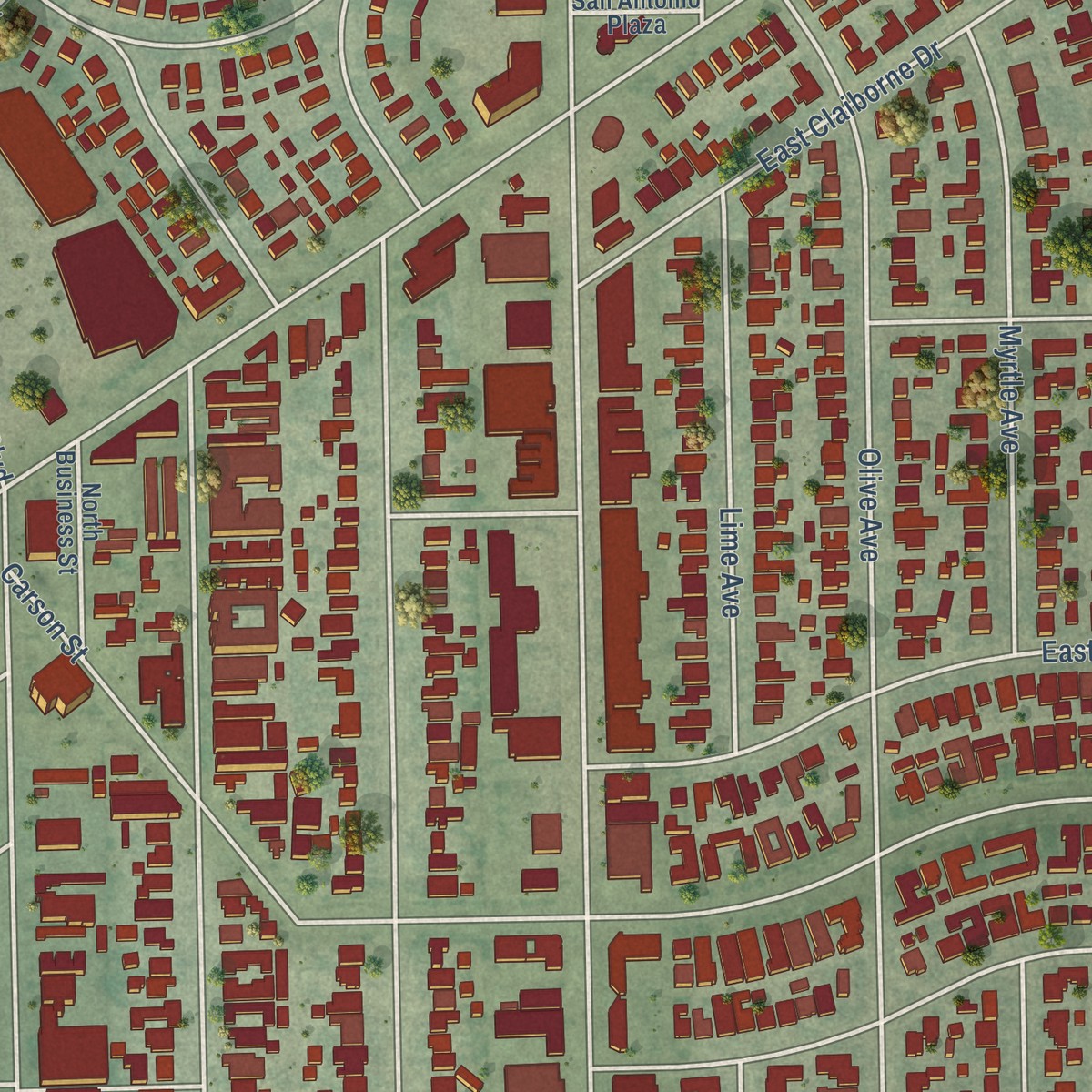 Second close-up of the map of Bixby Knolls, California print showing more streets and buildings